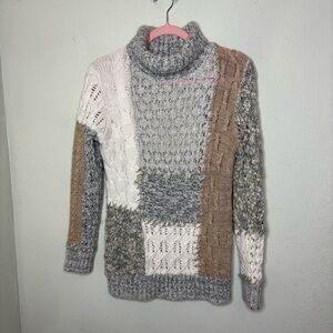 Coldwater Creek Patchwork Turtleneck Sweater - Gray, White, Brown  Medium